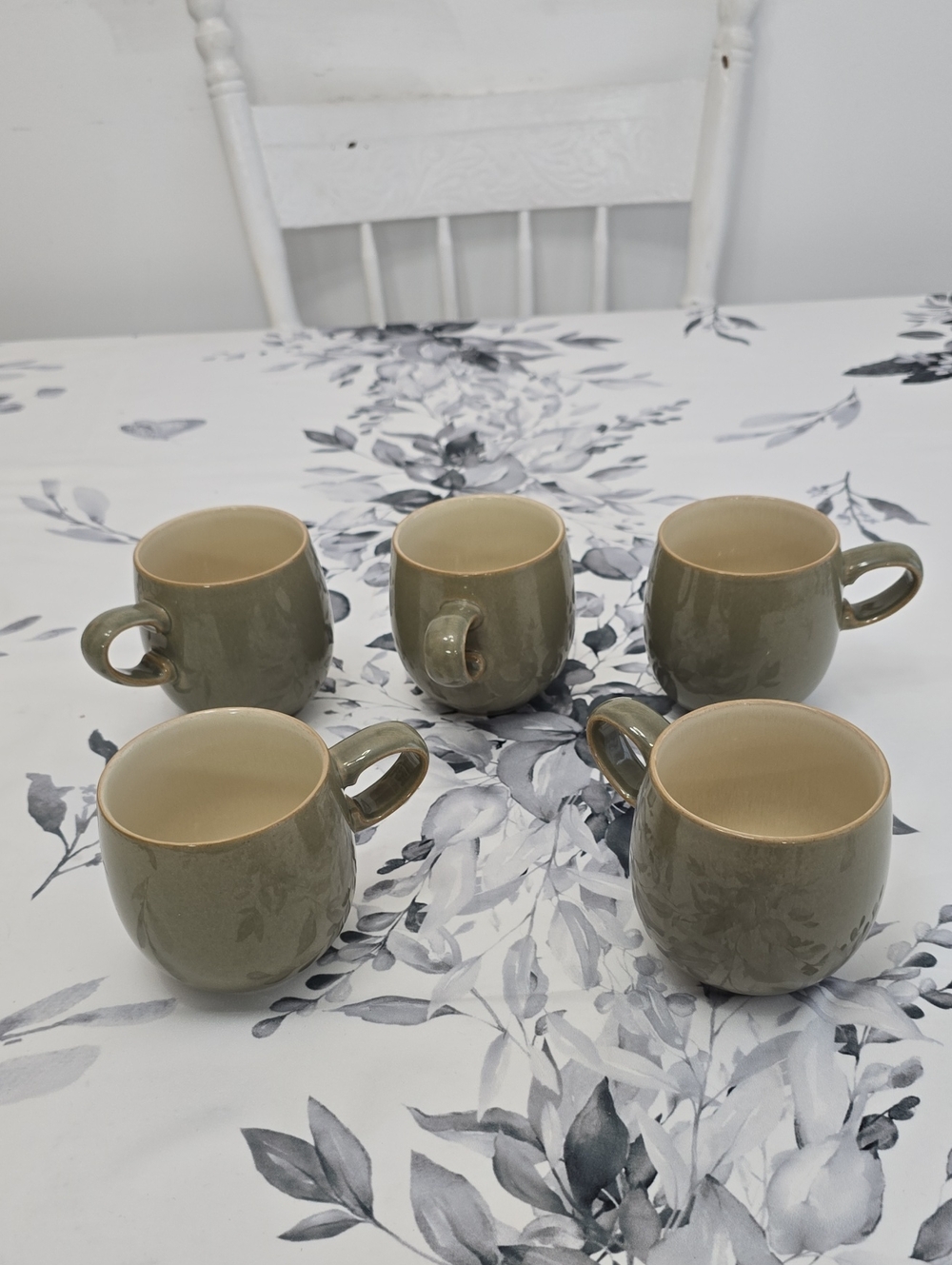 Vintage Denby Set Of 5 Fire Sage Green Stoneware Curved Mugs England